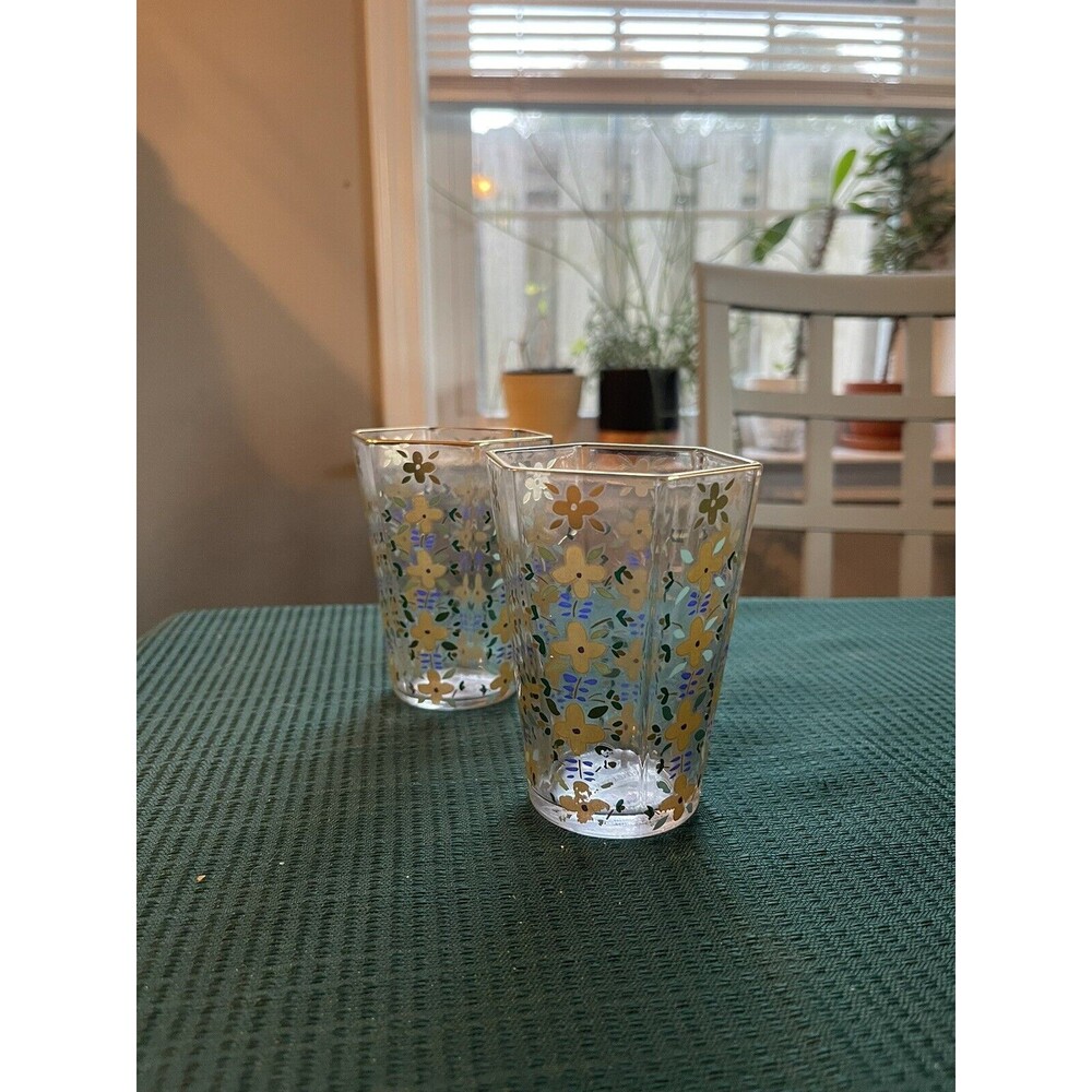 ANTHROPOLOGIE TIERRA GLASS TUMBLER TURQUOISE HAND DECALED GLASS CHIC UNIQUE